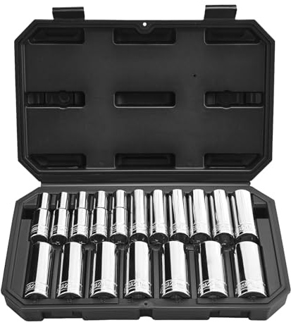 VEVOR Juego de Llaves de Vaso de 18 Piezas, con Entrada de 12,7 mm, Sistema Métrico de 10 a 27 mm, con Estuche, Marcas Claras, de Acero de Aleación CR-V Cromado, para Reparación de Automóviles