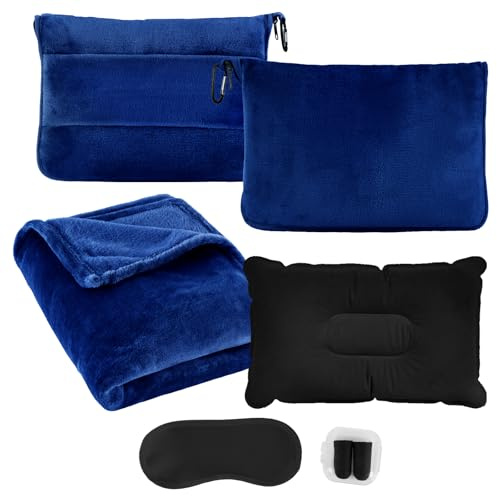 Lonxio 3 in 1 Reisedecke Ultraleicht und warm für Flugzeug und Auto - Tragbares aufblasbares Flugzeug Kissen mit Hülle, Gepäckhülle, Rucksackclip, Augenmaske und Ohrstöpseln(Marineblau)