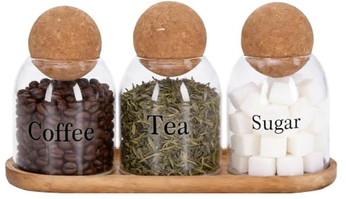 Gzsekken 3 Pack Clear Tea Coffee Sugar Canisters, 500 Ml Glass Food Storage Jars with Cork Lid & Wooden Tray, Kitchen Canisters for Dry Food, Decorative Counter Tabletop Storage Jars