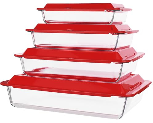 Set of 4 Deep Glass Casserole Dishes with Lid, 1L+1.7L+2.8L+4.2L, Oven Safe