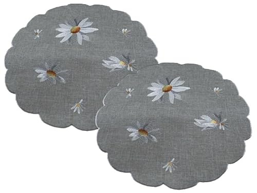 Tischdecke Mitteldecke Tischläufer Tischset Frühling Sommer grau Stickerei weiße Margeriten pflegeleicht Verschiedene Größen runde Deckchen (2er Set rund 40 cm)