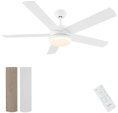 CJOY Ventilador Techo Grande, 152CM Ventiladores de Techo con Luz Silencioso, Reversible 5 Aspas, LED Regulable, Temporizador, 6 Velocidades, Blanco Madera 5 Aspas Para Dormitorio/Salon