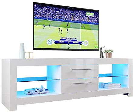 XJBTBA Meuble TV Mat Haute Brillance 1600mm, avec lumière ambiante, Meuble de Salon, Meuble TV Blanc avec lumières LED RGB