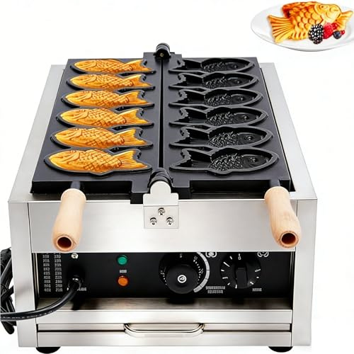 HaiZethonic Máquina Eléctrica Taiyaki para Helado 3000w,con Diseño Doble Fila,6 Tablas Y Fuente para Hornear Teflón Antiadherente,Temperatura Ajustable 50 a 300 °c,180 ° Uniforme