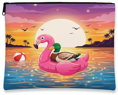 Funny Duck Makeup Bag, Flamingos Lifebuoys Sea Cosmetic Travel Pouch for Women Girls, Portable Small Canvas Zipper Organizer, Animal Toiletry Bag 7x9 Inch