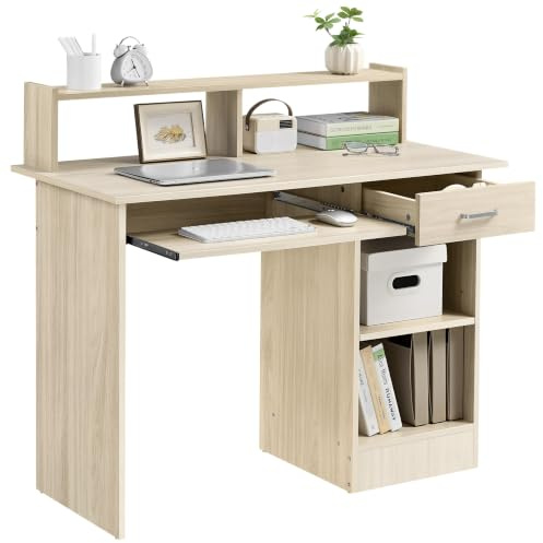 Yaheetech Mesa Ordenador Escritorio Madera Clara 106x50x94cm con Estante | Escritorio Juvenil con Cajones y 3 Niveles de Ajuste en Altura, Bandeja de Teclado para Trabajo en Oficina Estudio Dormitorio