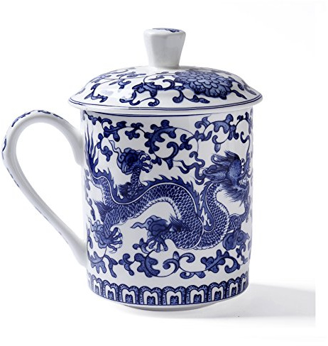 Blauer Drache Muster Keramikteetasse, Jing Dezhen Blaue Und Weiße Porzellan Tee Tassen Mit Deckel, Für Geschenk Und Haushalt, Büro, 500Ml