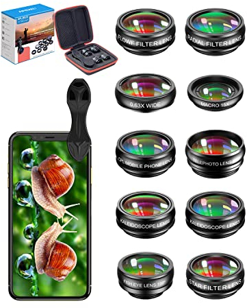 APEXEL 10 in 1 Phone Camera Lens Kit,Fisheye Lens for Phone Wide Angle Lens Telephoto lens Kaleidoscope 3/6 lens with CPL/Flow/Star/Radial Filter for Most of Smartphone