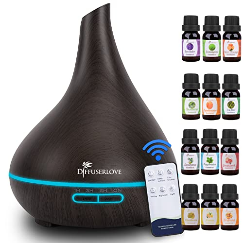 Diffuserlove Humidifier Essential Oil Diffuser 500ML Remote Control Cool Mist Aromatherapy Diffuser with Waterless Auto Shut-Off 7 Colour Changing LED Lights for Office Home Bedroom