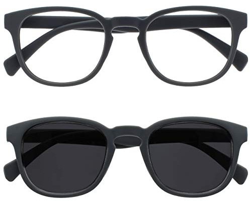 OPULIZE POP Lesebrille für Damen und Herren mit Lesesonnenbrille - 2er Pack - Lustige Runde Brille Matt - Getönte Gläser mit UV400 - Federscharniere - Grau Grau Sonnenbrille +3.00