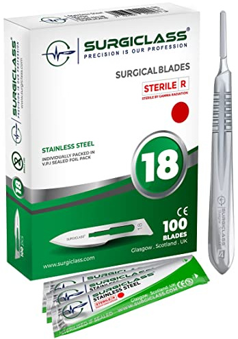 # 18 Stainless Steel Sterile Surgical Box of 100 and Steel Handle for Wood Art, Surgical, Sculpting, Repairs, Lab Anatomy, Sign, Card Making Lab Training SURGIGR18-100
