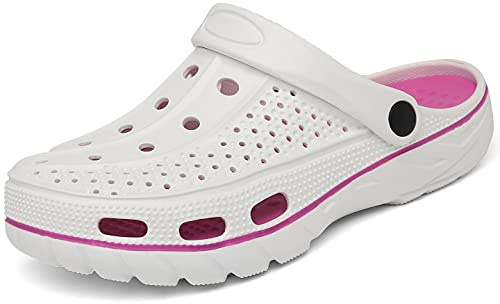 INMINPIN Zuecos Mujer Hombre Sandalias de Playa Respirable Ligeros Zapatos de Jardin Verano Antideslizante Zapatillas de Piscina con Soporte del Arco,Blanco Rosa,36/37 EU