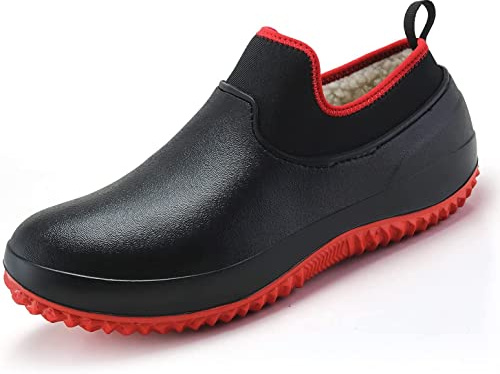 Dzhzuj Zapatos De Trabajo De Invierno Unisex para Chef Impermeables Y Antideslizantes, Zapatos De Trabajo Cómodos Y Seguros para Un Jardín Y Una Cocina Cálidos (Black-Red,44)