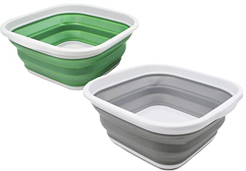 SAMMART 5,5 l Set mit 2 faltbaren Wannen, Faltbare Geschirrwanne, tragbares Waschbecken, platzsparende Kunststoff-Waschwanne (Grau + Dunkles Meergrün)