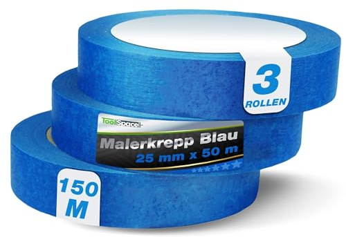 ToolSpace Abklebeband Malerkrepp Blau für präzise Farbkanten 150 m ZUSAMMEN | Kreppband für Malerarbeiten Renovierung Malerband Abdeckband Maler Washi-Papier Masking Tape 3er Set 25 mm x 50m Profi