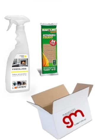 Fireglass, detergente pulitore immediato ed efficace per vetroceramica, forni, barbecue, vetri di stufe e termocamini, muri e mattoncini in Kit con Diavolina (Fireglass+Diavolina24)