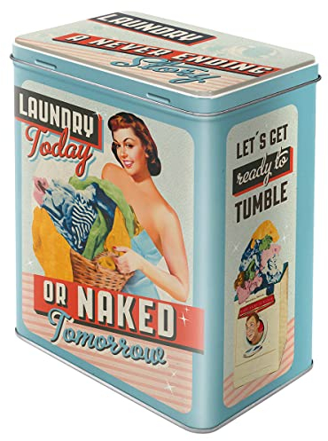 Nostalgic-Art Contenitori in latta retrò L, 3 l, Laundry Today or Naked Tomorrow – Idee regalo per amanti della nostalgia, scatola grande, design vintage