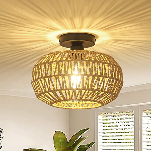 Stepeak Lámpara de Techo de Ratán Boho Vintage para Salón, Dormitorio, Cocina, Pasillo y Comedor - Pantalla de Ratán, Bambú, Estilo Rústico, E27