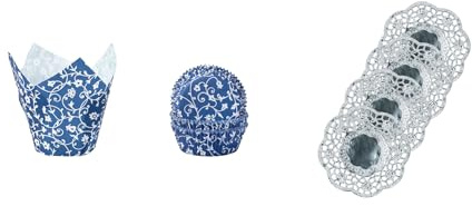 Demmler Muffinförmchen Set Blau mit weißem Classico - Tulip - Cupcakeförmchen - klassischen Muffinförmchen und Tulip-Wraps inklusive 4 Tassendeckchen in Silber - Insgesamt 84 Stück - Made in Germany