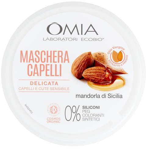 Omia, Eco Bio Haarmaske mit Sizilien-Mandel für Haare und empfindliche Haut, sanfte Formel, Maske für häufiges Waschen, ohne Silikone und SLES 250 ml