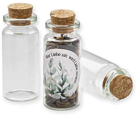 Schokoladenseite 40 Stk Glasflaschen Eukalyptus2 190105, kleine Fläschchen mit Korken und Aufkleber für Blumensamen, Gastgeschenk für Hochzeit, Taufe, Geburtstag