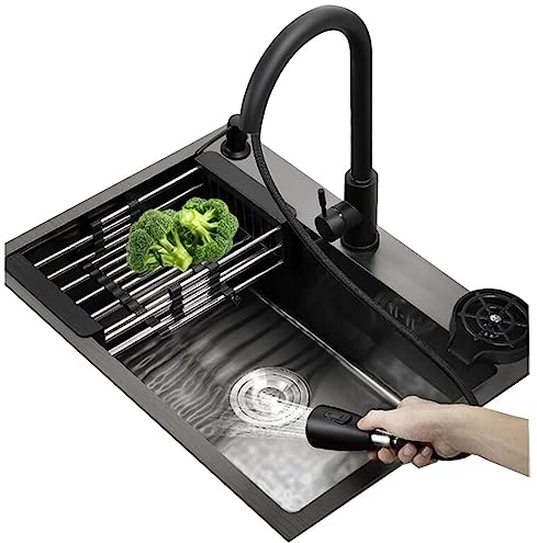 Cuisines Évier De Cuisine À Siphon avec Robinet Lave-Verre Préparer Le Paquet D'évier Vasque À Poser Bar Piscine d'eau Bain (Color : Black Steel, S : 75 * 45 * 20cm)