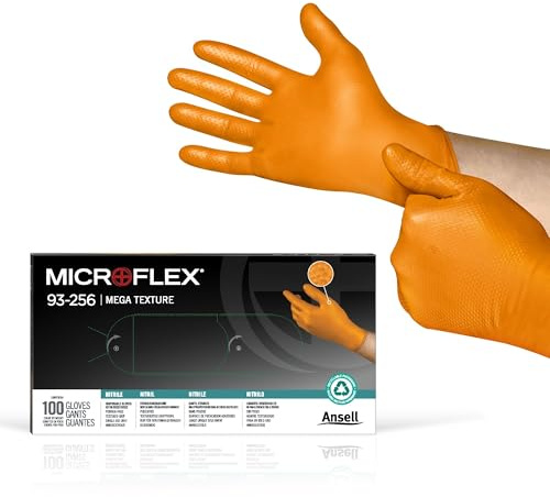 Ansell MicroFlex 93-256 Guantes de Nitrilo Desechables Sin Polvo - Multiuso para Alimentos, Cocina, Limpieza, Mecánico - Naranjas, Talla XL (100 Unidades)