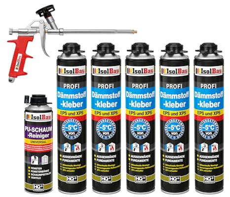 Isolbau B2 Dämmstoffkleber SET - 5 x 750 ml Perimeterkleber, 1 x PU-Schaum-Reiniger & 1x Schaumpistole für EPS & XPS-Platten - 1K PU-Klebeschaum für Dämmung und Isolieren
