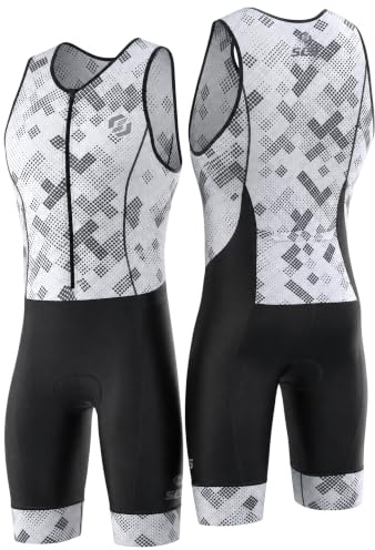 SLS3 Triathlon Suits Mens - Durable Sleeveless Tri Suit Men Triathlon Suit - Lightweight Trisuit with 2 Pockets for Storage (White Fractal, Small)