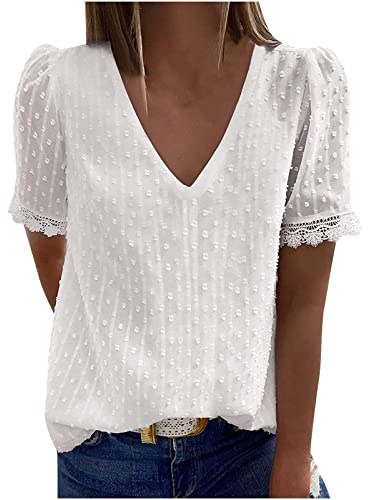 Camisetas Manga Corta Mujer Encaje Elegant,Camiseta Blanca Mujer Camisetas Mujer Verano 2024 Elegantes de Cuello en Pico T-Shirt Moda Color Sólido Blusa Casual Ligera Multicolor Tops