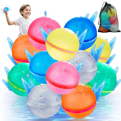 WABALLO 12 Pack Reusable Water Balloons for Kids, Magnetic Self-Sealing Water Balls, Refillable Silicone Pool Toys for Summer Outdoor Games, Ages 3+