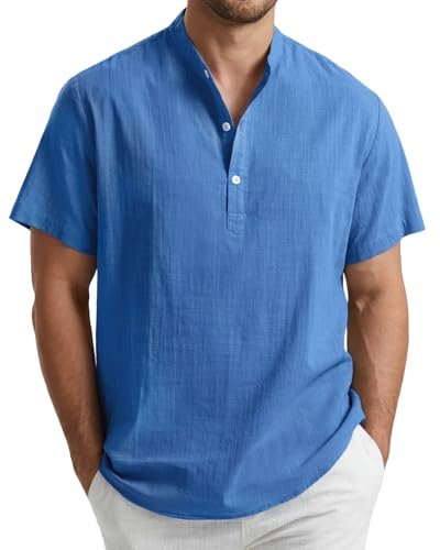 Enlision Camisa Lino Hombre Verano Manga Corta Camisas Azul Reale Hombres Cuello Mao Casual Elegantes Playa Camisetas con Botónes Ibicenca Ropa XXXL