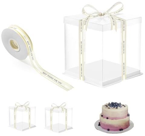 2 Stück Tortenbox Transparent 26 x 26 x 25 cm, Durchsichtige Geschenkbox | Tortenschachtel mit Boden und Band, Torten Transportboxen für Doppellagiger Kuchen, Geburtstag und Hochzeit