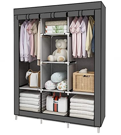 LAMEDOAT Kleiderschrank Tragbare Kleiderschrankregale, Kleiderschrank-Aufbewahrungsorganizer mit Kleiderstange, Regalen, Stoffbezug, für Schlafzimmer,Grau-130x45x170cm
