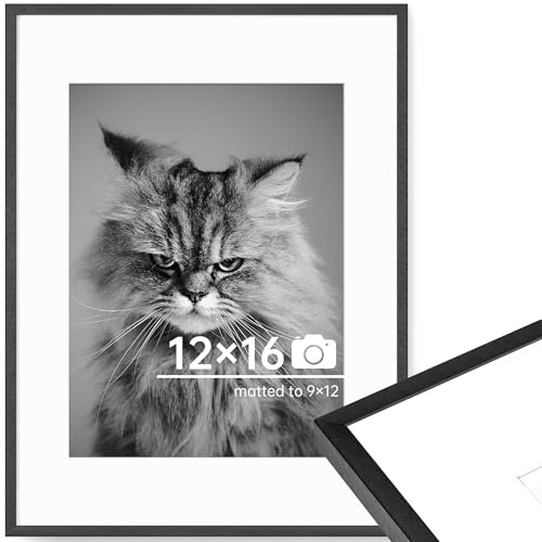 12x16 Metal Picture Frame, Thin Aluminum 12 x 16 Photo Frame with 9x12 Mat, Cross-Hatch Brushed Design, High Definition Plexiglass, Vertical and Horizontal Display, Wall Hook Hanging Hardware Included, Black