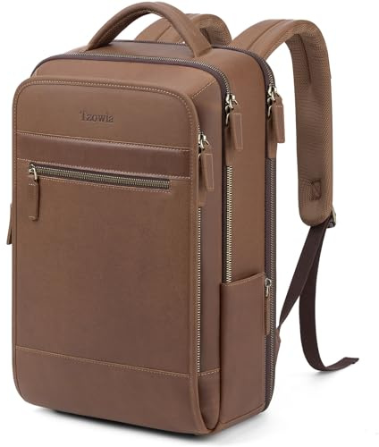 Tzowla Sac a dos Cuir Ordinateur Portable Homme et Femme,Sacs a Dos Vintage en Véritable avec Port de Chargement USB/Type-C pour Ordinateur de 15,6,Sac à dos Fin pour Voyages D'affaires - Marron