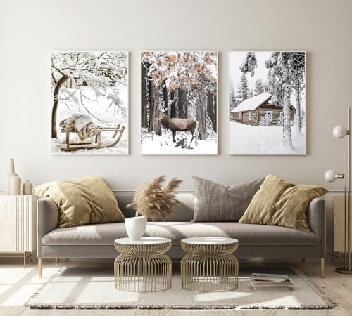 DLKAJFK Moderne Winter Schnee Bilder, Weihnachten Poster 3er Set, Rahmenlos gedruckte Kunstposter, Wohnzimmer-Schlafzimmer Wandkunst (Poster-06,3Pcs-30x40cm)