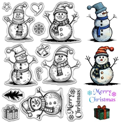 CRASPIRE Merry Christmas Clear Stamps Snowman Snowflake Holiday Greeting Words Rubber Seal Stamp Xmas Gift Reusable Vintage Transparent Silicone for Winter DIY Scrapbooking Journaling Card Making