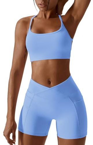 OBEEII Damen Sportanz�ge Jogginganzug Sport Sets 2 Teilig Workout Outfit Set Sports BH und Leggings Fitness Kleidung Set Gym Laufen Tennis Yoga Set Blau L