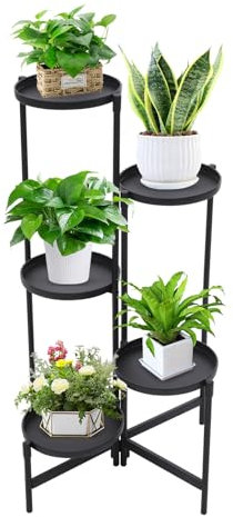 MINRS Soporte para plantas de 5 niveles, soporte para flores, de metal negro, para varias plantas, escaleras para plantas, soporte alto para terraza, jardín, esquina, balcón, salón