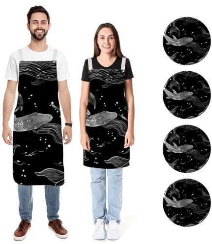 2 Stück Küchenschürzen, Ozeanwal, schwarze Meerjungfrau, wasserdicht, verstellbare Latzschürzen mit 2 Taschen, für Damen und Herren, Ozeanwal, schwarze Meerjungfrau,