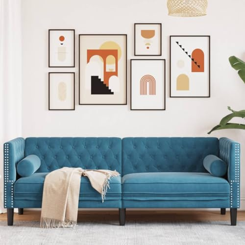 Willood 3 Sitzer Sofa Chesterfield Sofa mit Nackenrollen Couch Blau Samt