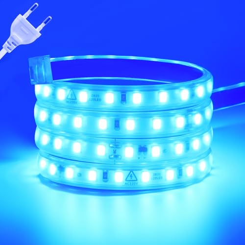 Wisada Anschluss an AC220-240V LED Streifen, 3M 120LEDs/m SMD2835 Flexible Superhell Blau CRI≥90 LED Lichtband, LED Band Lichtschlauch Leiste Kette Selbstklebend mit Stecker für Weihnachten