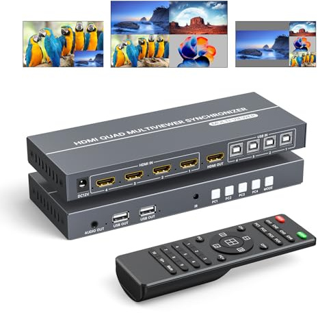 4 Port HDMI KVM Multiviewer, Yinker 4x1 Quad Multiviewer Seamless Switcher unterstützt 4K@30Hz, Pip & POP Tastatur Hotkey Switch 3.5mm Audio Ausgang