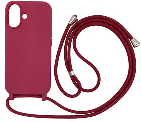 Ququcheng Cover Compatible con iPhone 16(6.1),Cellulare Girocollo Custodia con Cordino TPU corda Silicone Case Bumper per iPhone 16(6.1) Custodia-Rosso