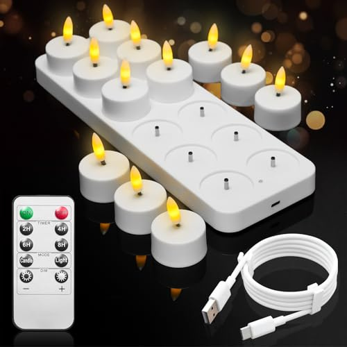 HyDlan 12er Aufladbare Teelichter mit Timerfunktion und Ladestation, LED Wiederaufladbar Kerzen Flackernd mit Fernbedienung Timer für Zimmer Valentinstag Halloween Weihnachten Tisch Party Deko
