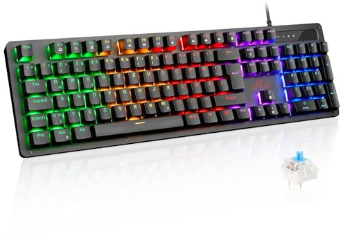 Rii Mechanische Tastatur Gaming Keyboard, Gaming Tastatur Kabel mit QWERTZ, Blaue Schalter (Laut), Tastatur in Voller Größe (Nicht Hot-Swap-fähig, Schäfte sind Nicht austauschbar)