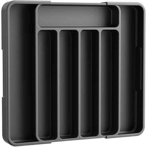 Kitsure Large Cutlery Drawer Organiser for Kitchen - Adjustable Cutlery Tray for Effortless Utensil Sorting, Versatile Kitchen Storage & Organisation Solution, Black, 30.8 x 3.9 x 20.5~35.0 cm