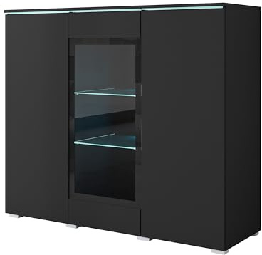 MINIO go for it - Kommode Veve Sideboard mit Glasstür, LED | Wohnzimmer, Vitrine 120 cm Breit, Gablote, Farbe Schwarz matt, mit LED-Beleuchtung