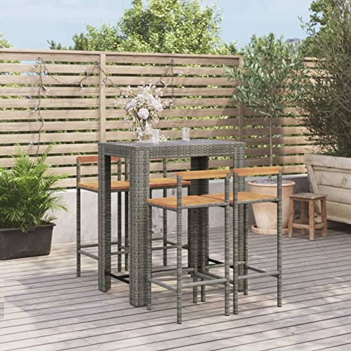 Fasba Gartenbar Set 5-TLG., Gartenmöbel Holz, Bartisch 4 Barstühle, Stehtisch Barhocker für Garten, Sitzgruppe Gartenset, Grau Poly Rattan Massivholz Akazie